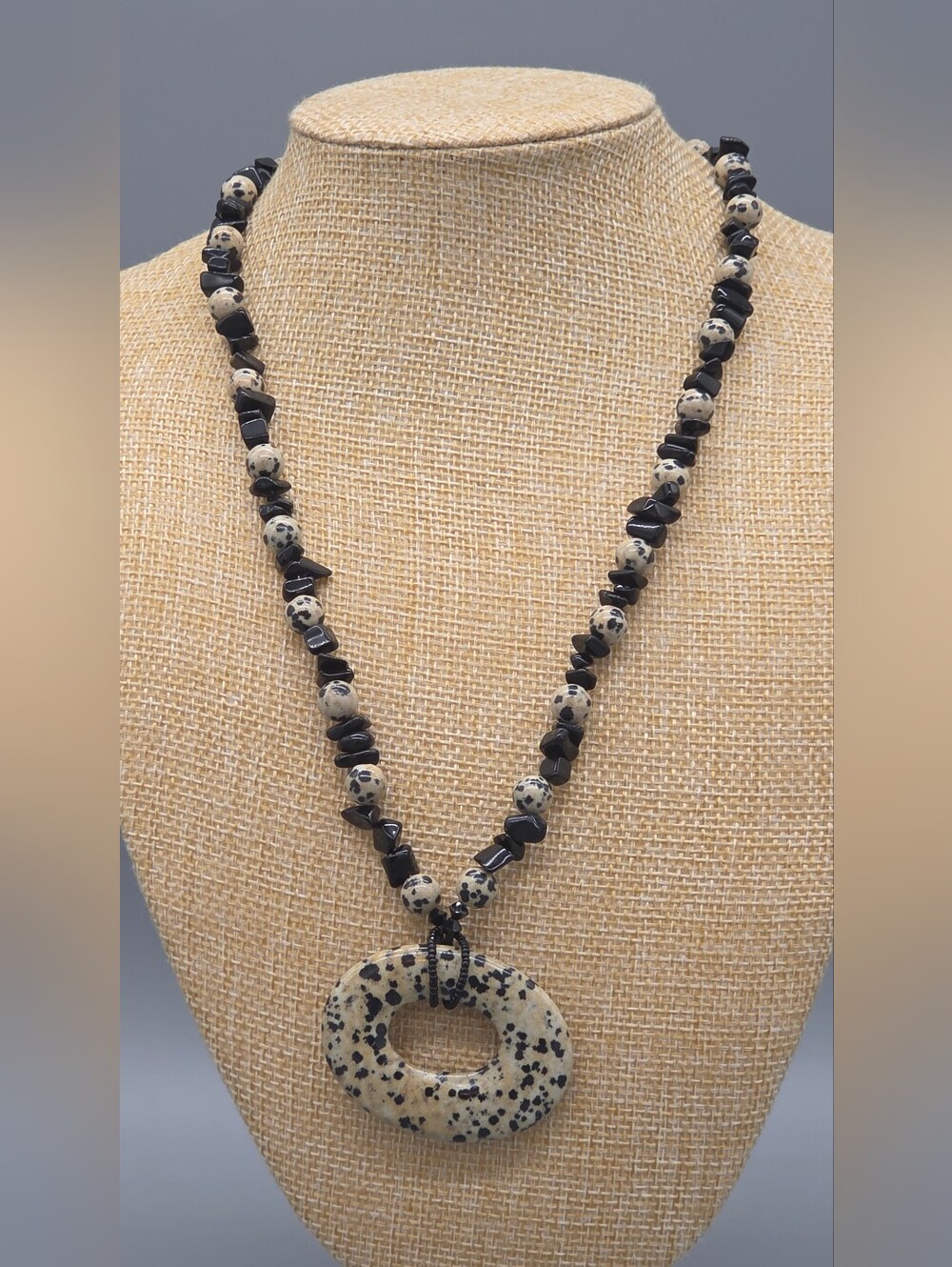 Dalmatian Jasper and Black Bead Pendant Necklace - Women Jewelry